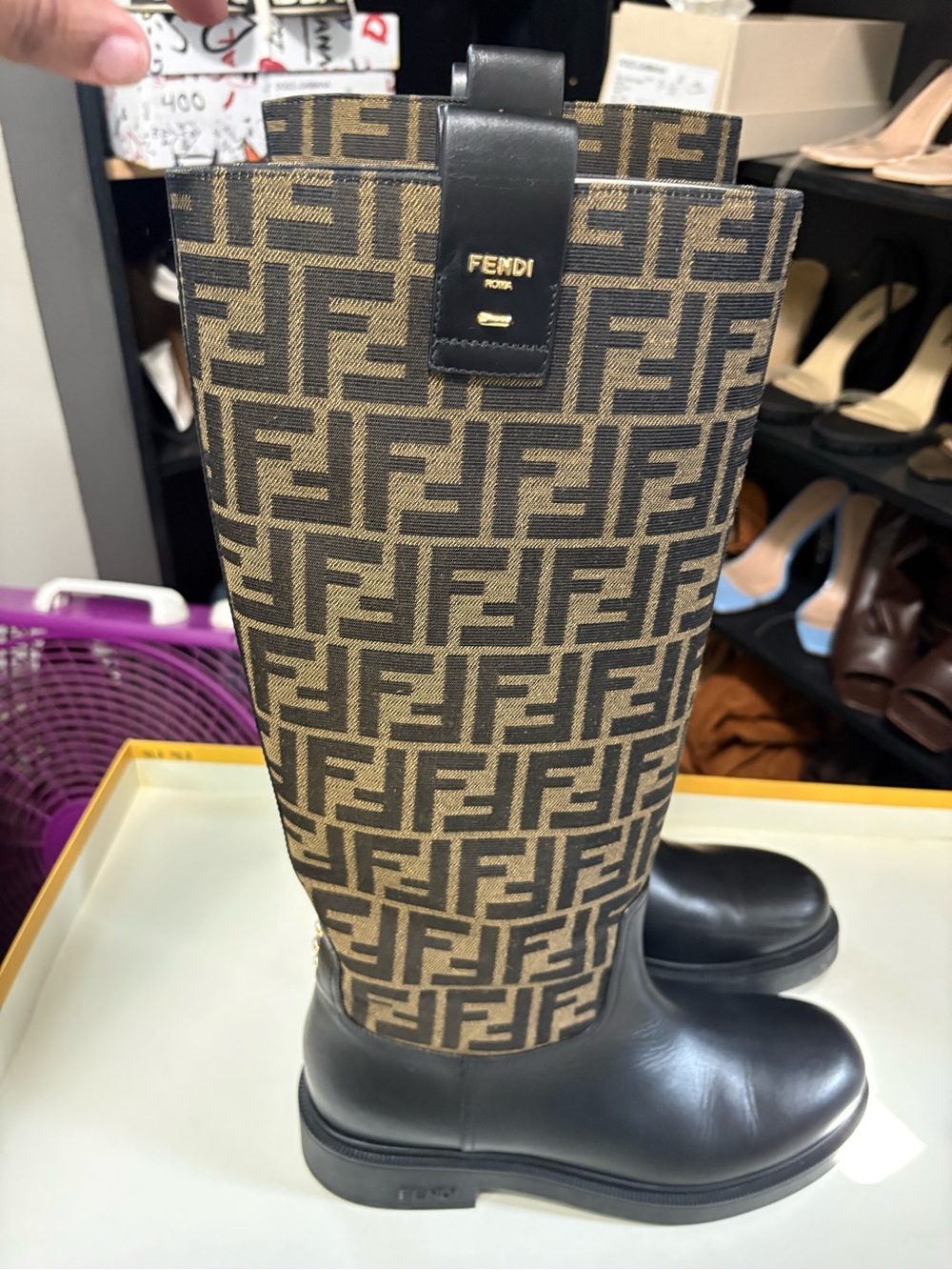 Fendi Brown & Black FF Logo Over-the-Knee Canvas and Leather Boots
